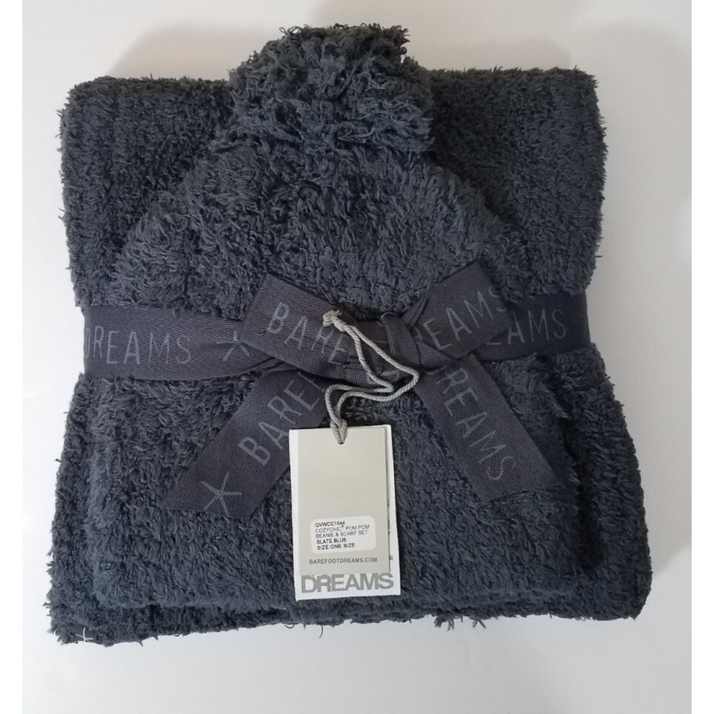 Barefoot Dreams CozyChic Pom Pom Beanie Scarf Gift Set Slate Blue NEW